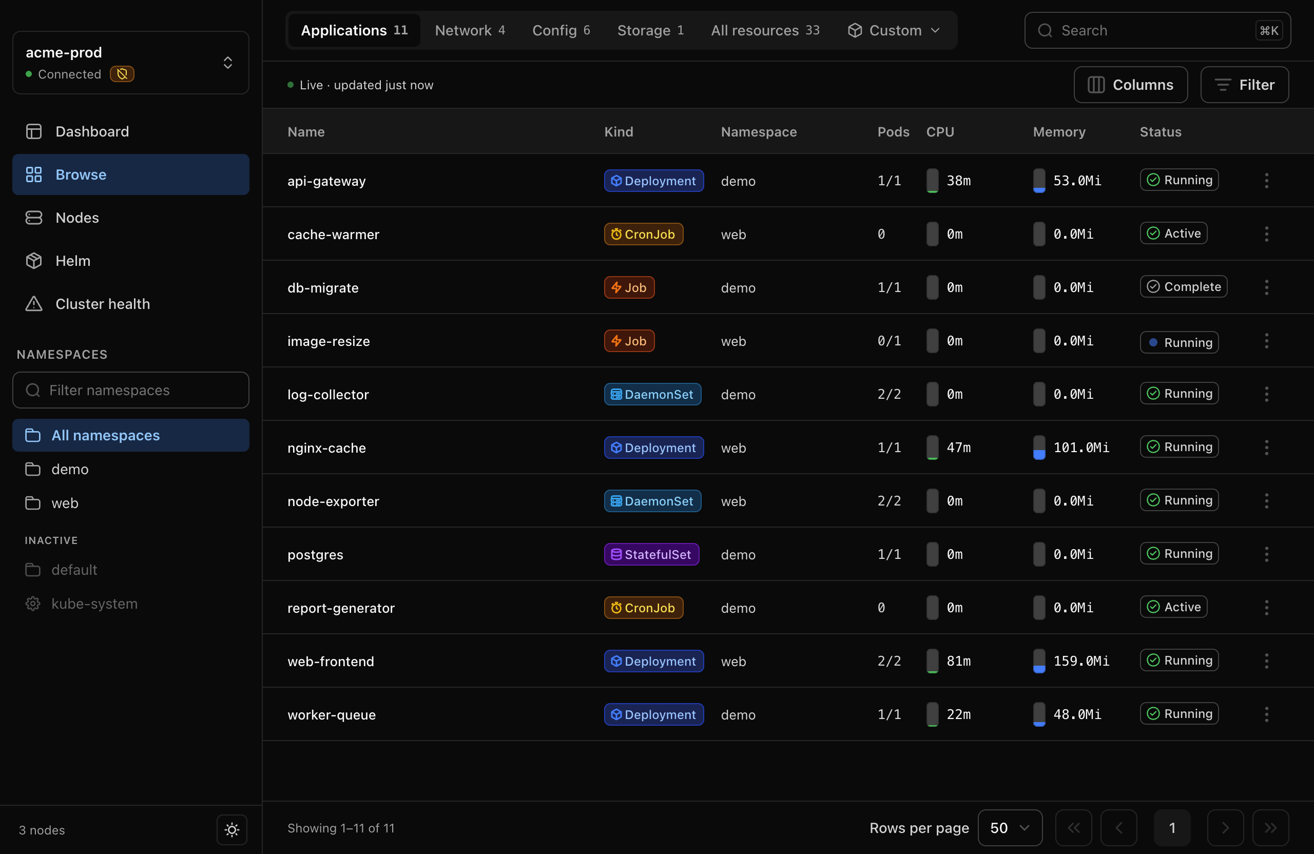 Glauco Browse screen showing a grouped, sortable table of workloads with live status and usage bars.