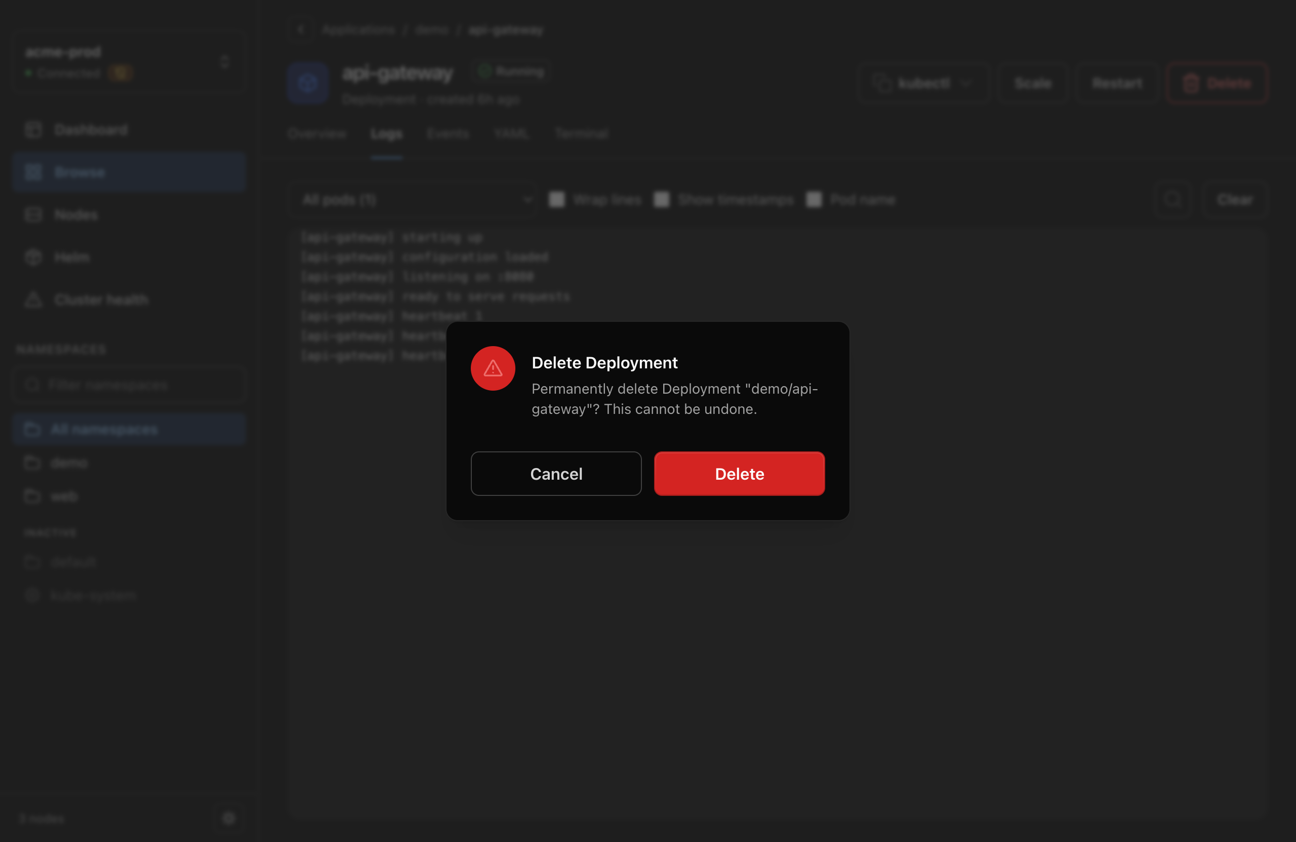 Glauco delete confirmation dialog, with Cancel focused by default and the destructive action styled in red.