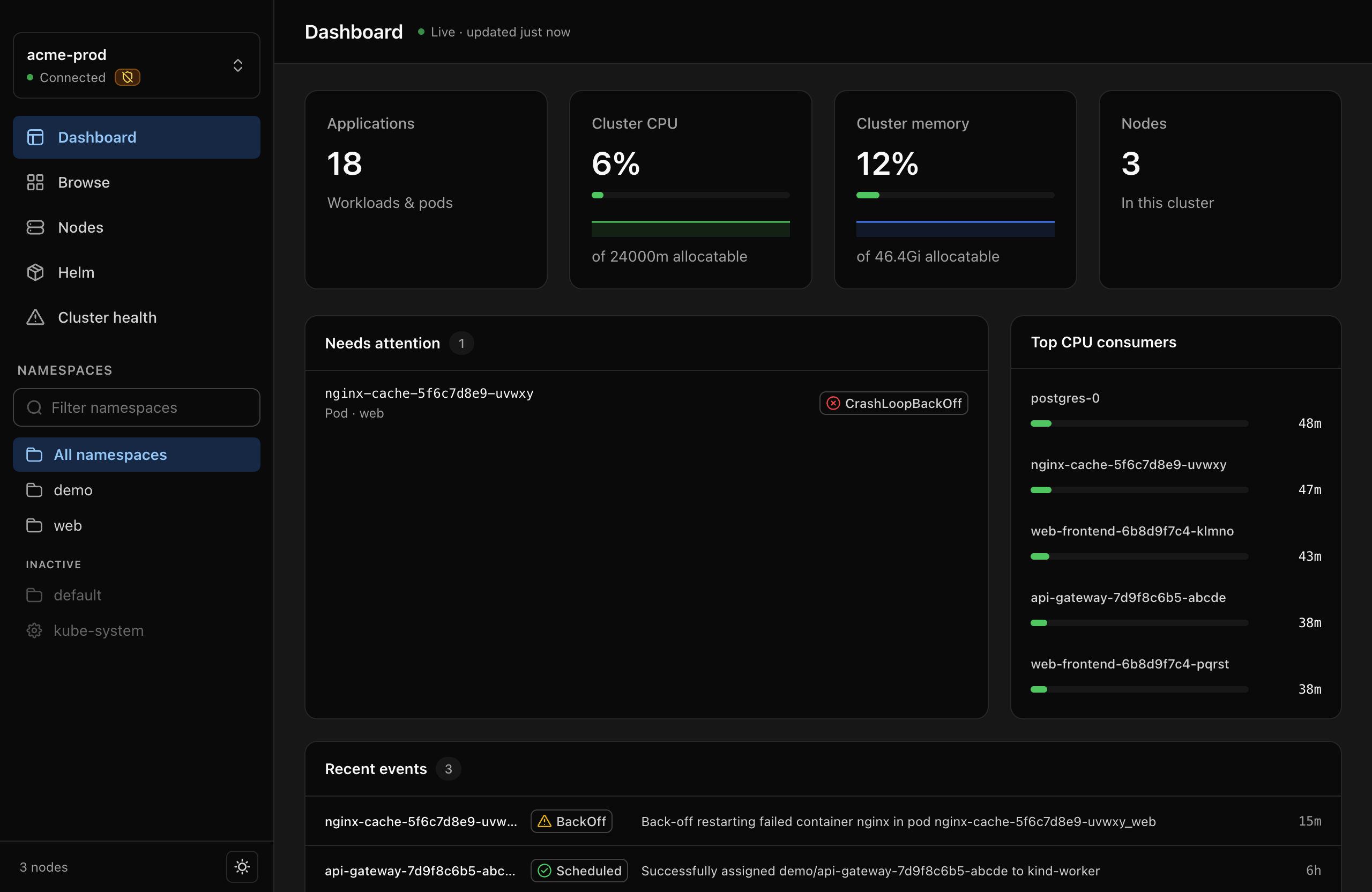 Glauco dashboard: cluster CPU and memory, workloads needing attention, top CPU consumers, and a live event feed.